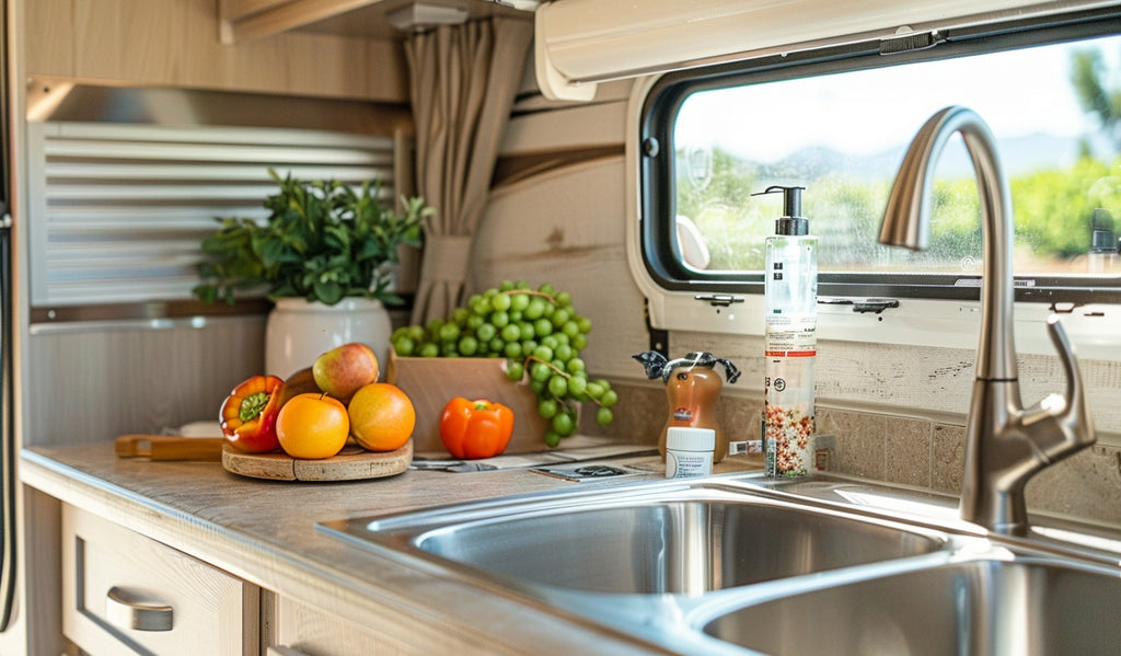 Using water-saving faucets on an RV, controlling water flow to conserve water.