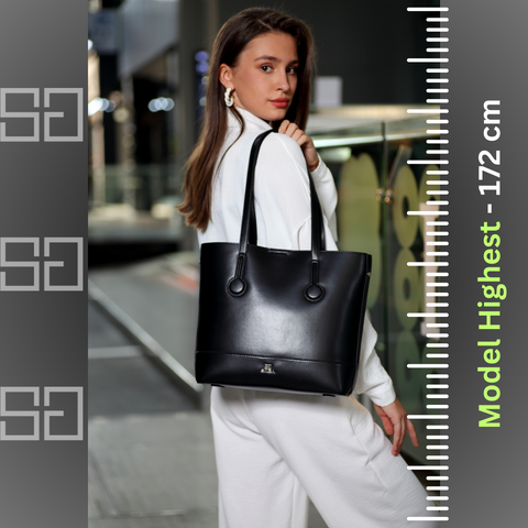 Luxury women's handbag made of 100% microfiber leather, width 35 cm, black color, Saga brand, model Lifestyle 2024