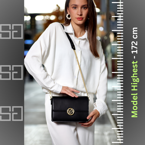 A luxurious handbag made of 100% microfiber, width 23 cm, black color, from Saga, image of Lifestyle 2024