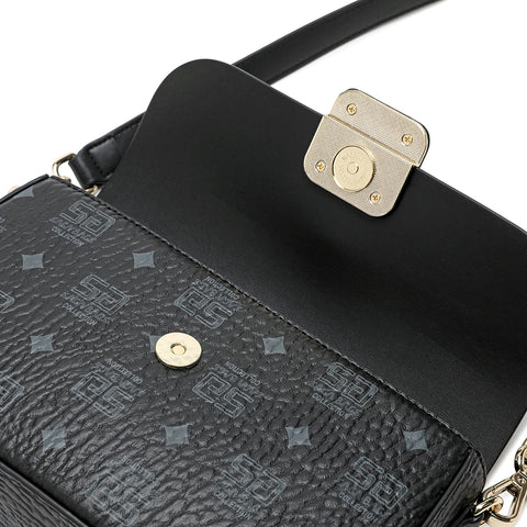 An image showing the magnetic closure of a black Saga women's handbag