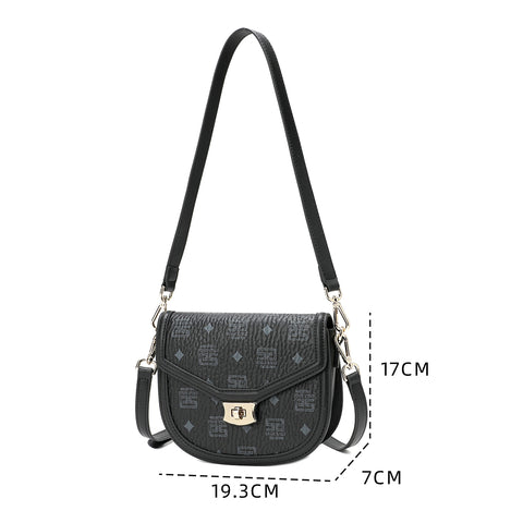 Sizes and dimensions of a luxury women's handbag from Saga, an elegant golden lock, and a black color