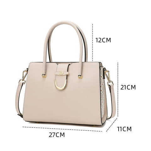 An illustration of the dimensions of a beige leather handbag indicating the height, width and depth