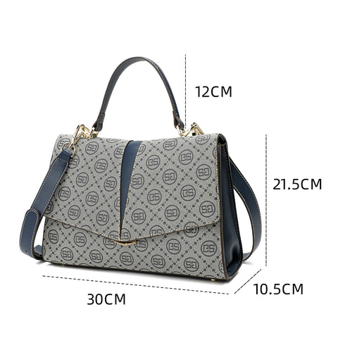 Gray handbag dimensions with elegant details and gold shoulder strap