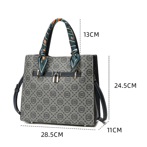 Saga women's handbag with precise measurements, gray pattern and blue details.