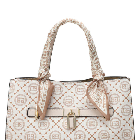 “A handbag with a sophisticated beige design from Saga, with a gold-colored front buckle and a shoulder strap