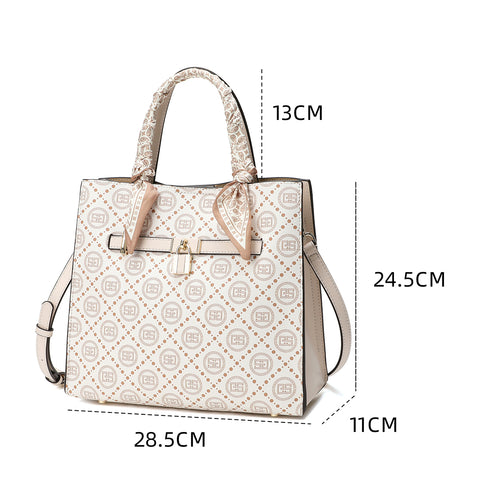 A beige women's handbag with the dimensions shown, decorated with a distinctive pattern and an elegant closure