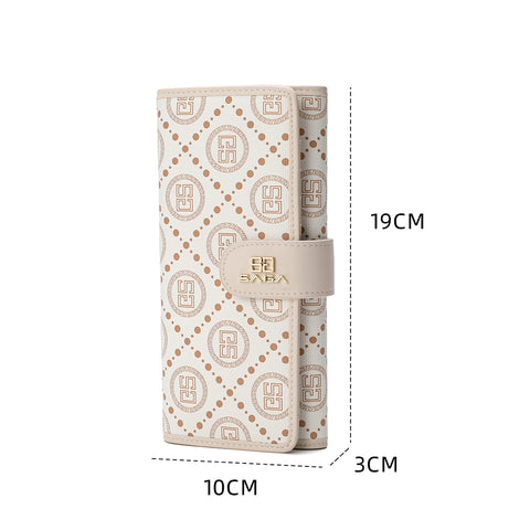External dimensions of the Saga beige leather monogram wallet with measurement details.