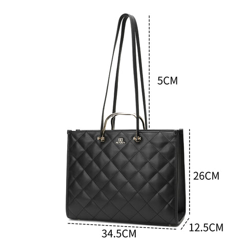 Dimensions of a black quilted Saga women's handbag with metal handles