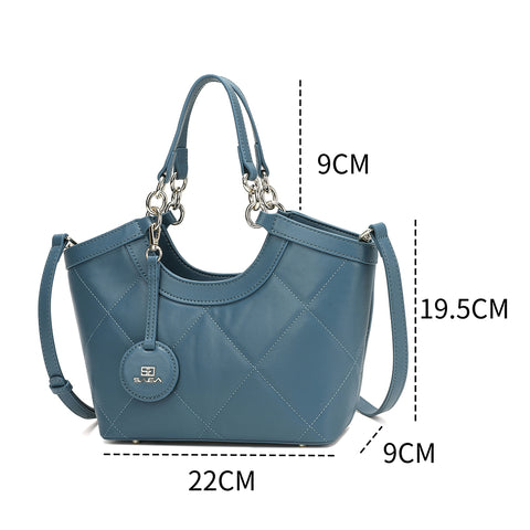 Dimensions of the elegant blue Saga women's bag with metal straps and a branded medallion