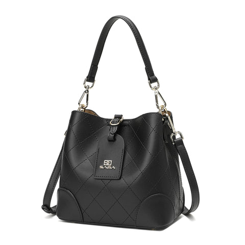 Black women's handbag from Saga brand with gold metal details