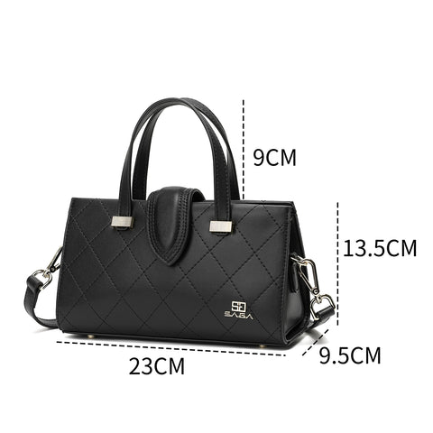 Saga women's black handbag with specified sizes displayed