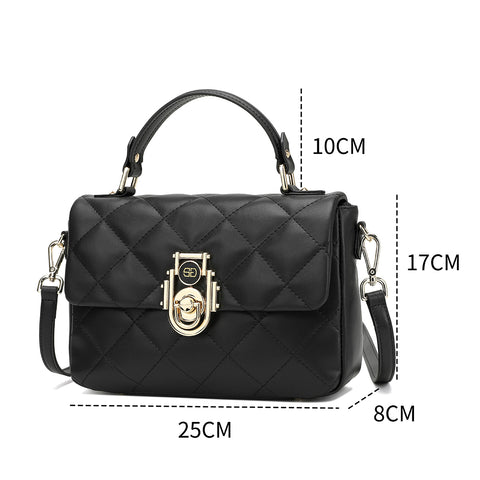 Black Saga handbag with exact measurements displayed and gold hardware