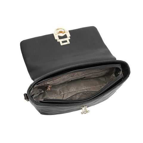 The interior of this Saga handbag is black with interior pocket details and zipper closure.