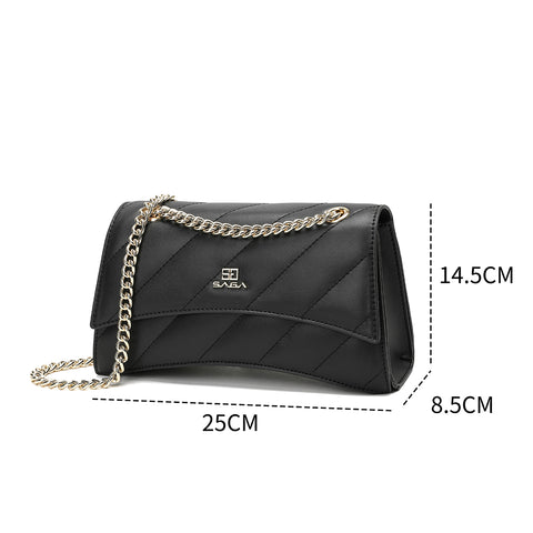 SAGA women's black bag with defined dimensions and a shiny gold chain.