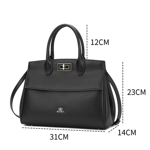 Black women's handbag with clear dimensions and a durable leather handle