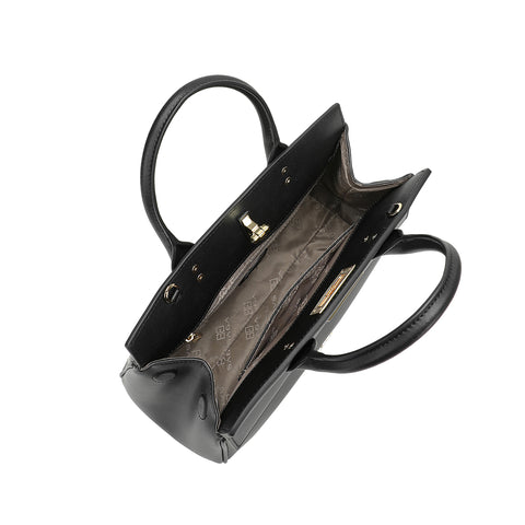 The interior of a women's handbag has a luxurious design and multiple pockets.