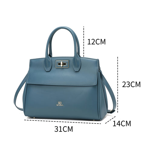 Women's handbag in light blue color with leather handles and specific dimensions