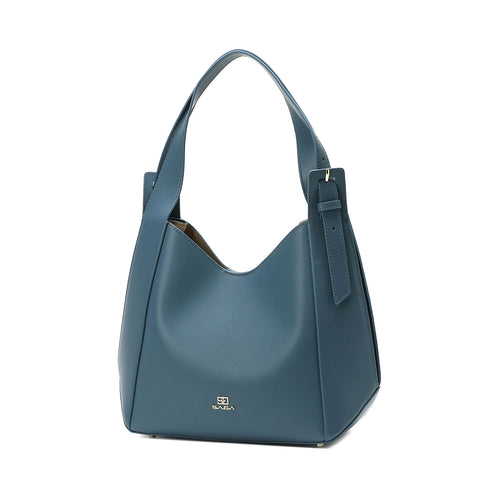 Elegant women's handbag with a unique geometric design in light blue with an elegant hand holder