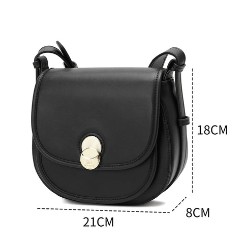 Dimensions of a black women's crossbody bag with a modern design and internal pockets