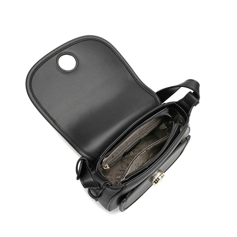 The interior of a black leather crossbody bag with a wide opening and internal organization.