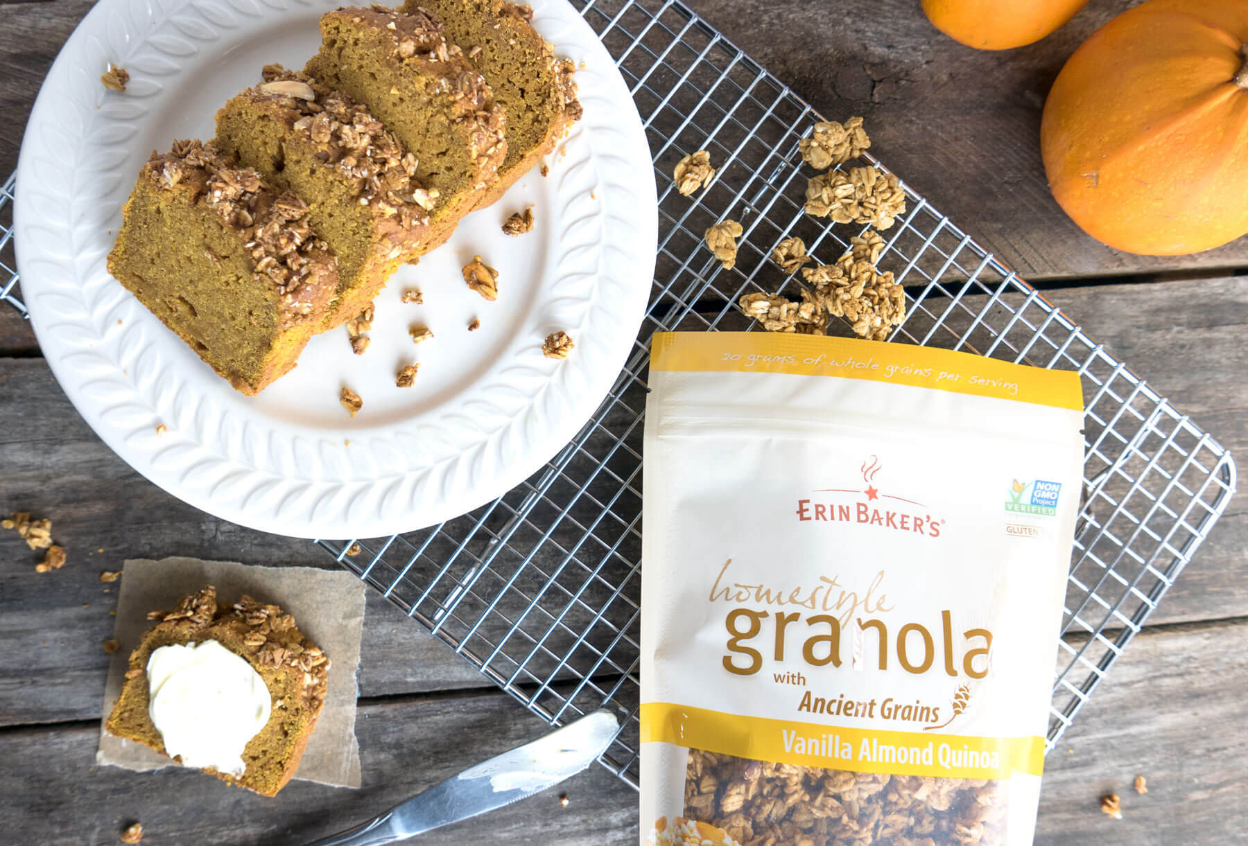 pumpkin loaf with vanilla almond quinoa granola