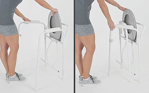 woman folding up her gray commode