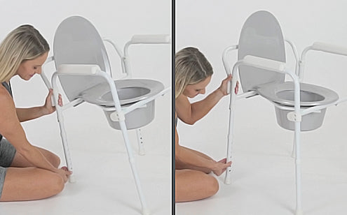 middle aged woman adjusting the height of her commode