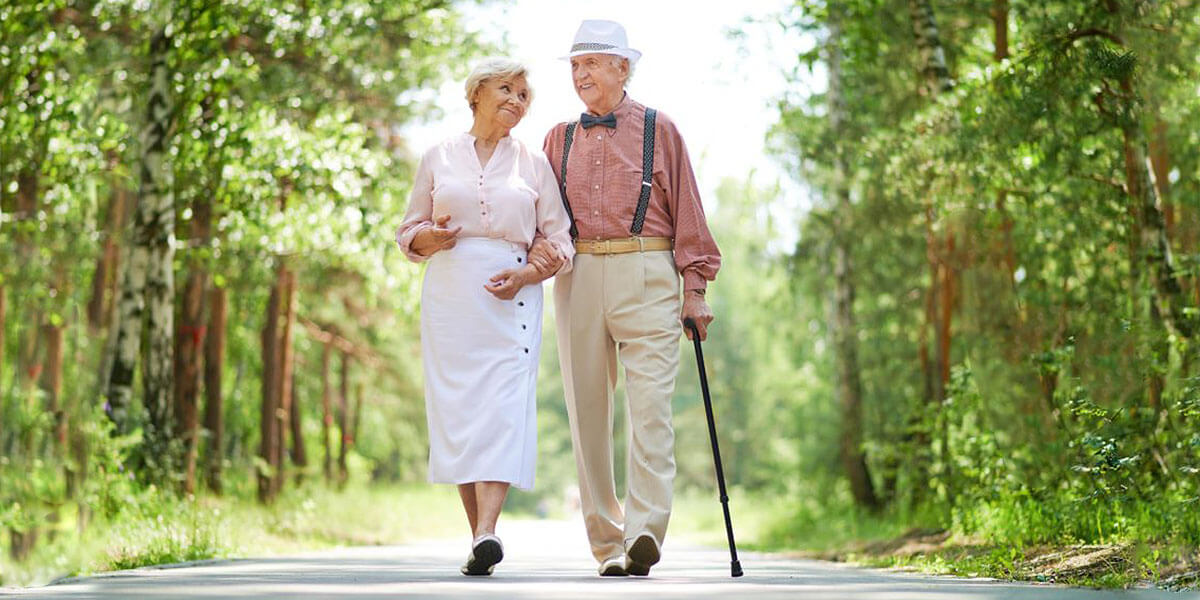 Elderly couple walking with canes