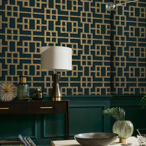 Green and Gold Art Deco Wallpaper for upcycled sideboard