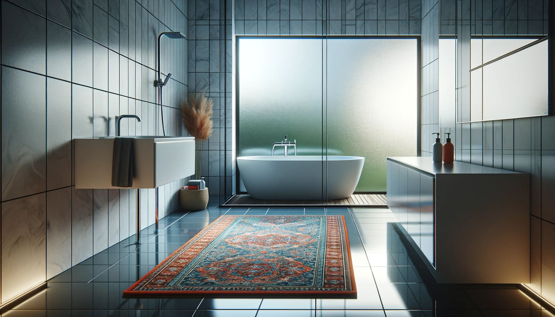 une salle de bain avec le tapis de bain au centre de la pièce donnant une touche de vie à la salle de bain
