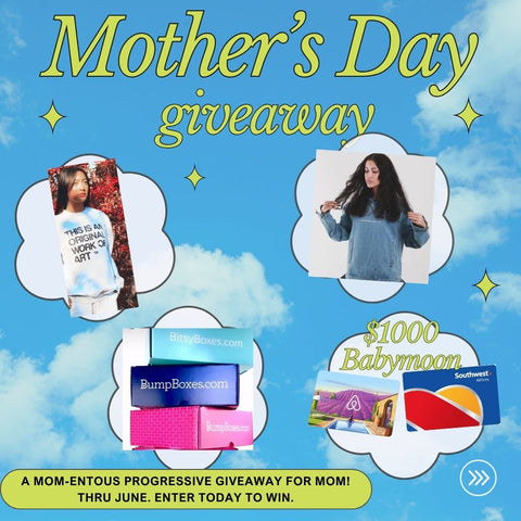 mother's day flyer for a giveaway with four prizes. The first is a sweater, the second a jean jacket, the third is 3 subscription boxes for new moms and dads, the four if a gift card for $500 for Airbnb and $500 for Southwest. There's images of the prizes. The end date of the giveaway is July 13th, 2024. This is at the bottom