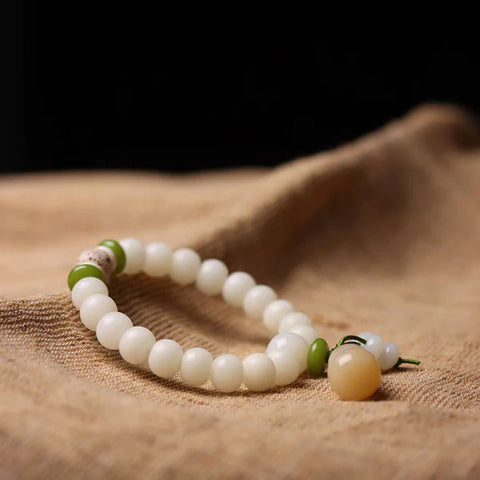 INNERVIBER Natural White Jade Bodhi Jade Gourd Pendant Luck Bracelet