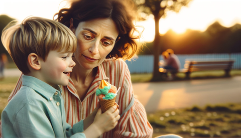 A mother watching her kid eating ice cream