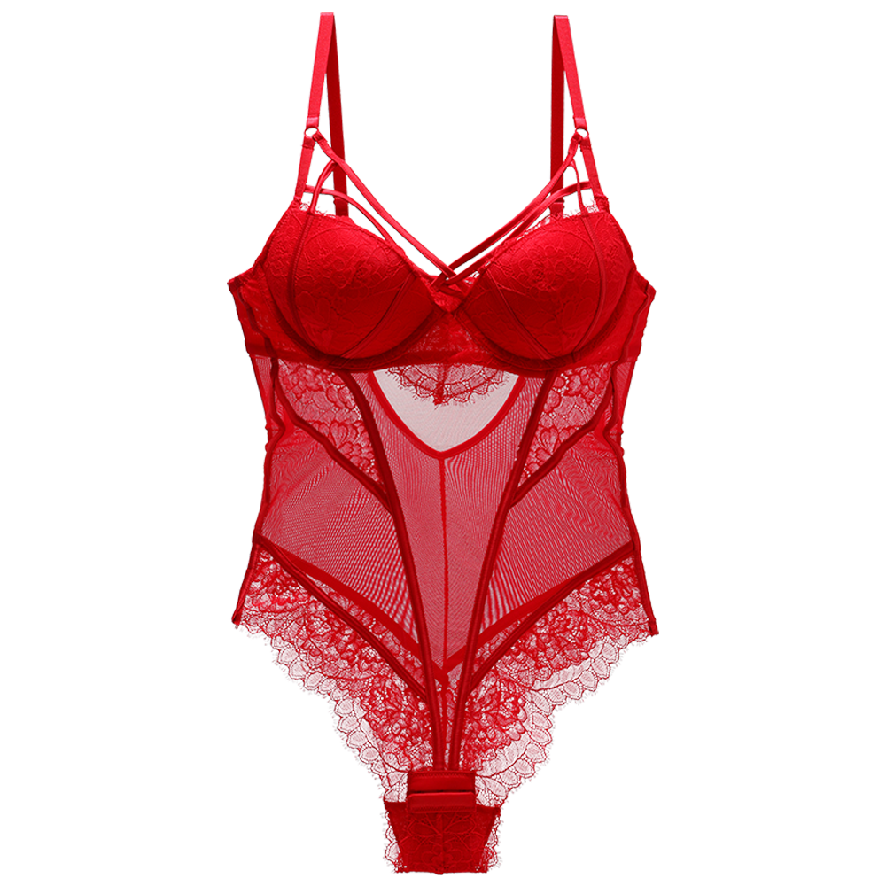 Bodysuit Women Push Up Red Strappy Cup Eyelash Lace Floral Pattern Padded Underwire Lingerie Women Shapewear High Quality