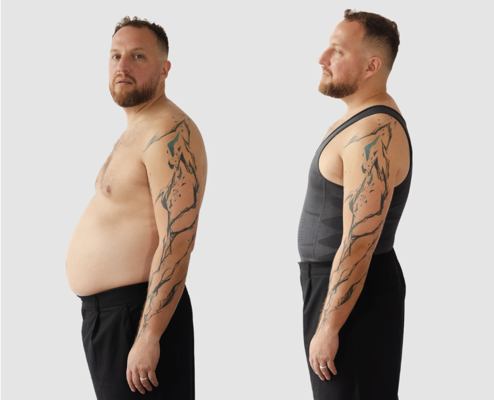 Side-by-side comparison of a man before and after wearing a slimming garment.