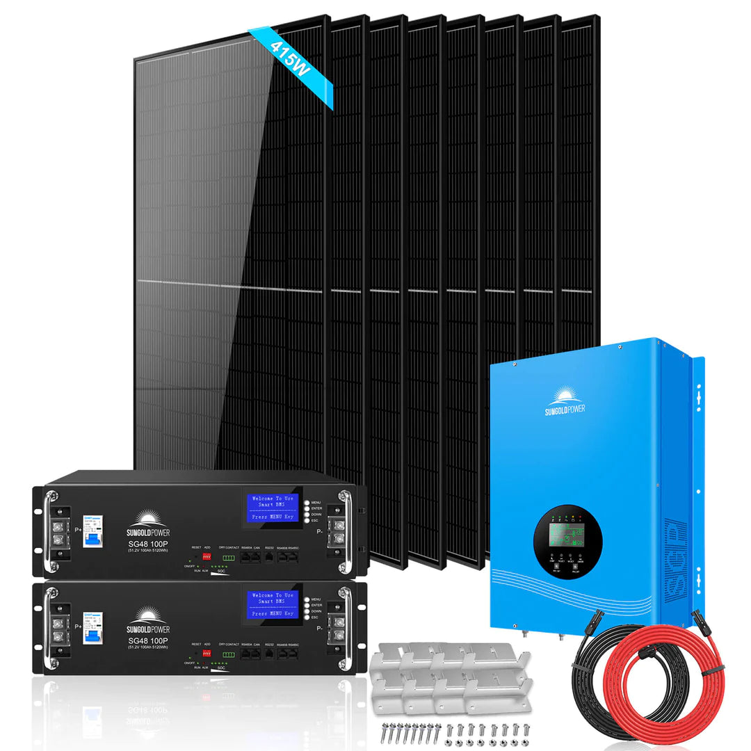 SunGoldPower off-grid solar kit 8000w 48vdc 120v/240v lifepo4 10.24kwh lithium battery 8 x 415 watts solar panels SGR-8K10E