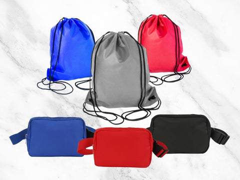 school store drawstring bags and belt bags