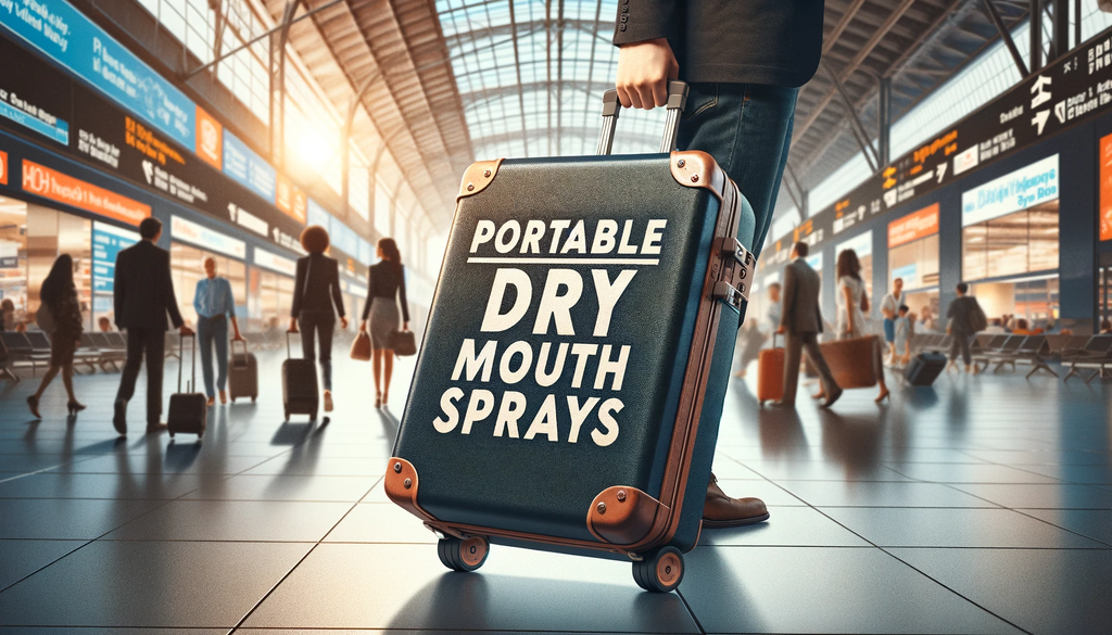 A banner image with the words 'Portable Dry Mouth Sprays' written on the side of a suitcase. The suitcase is being pulled through an airport.