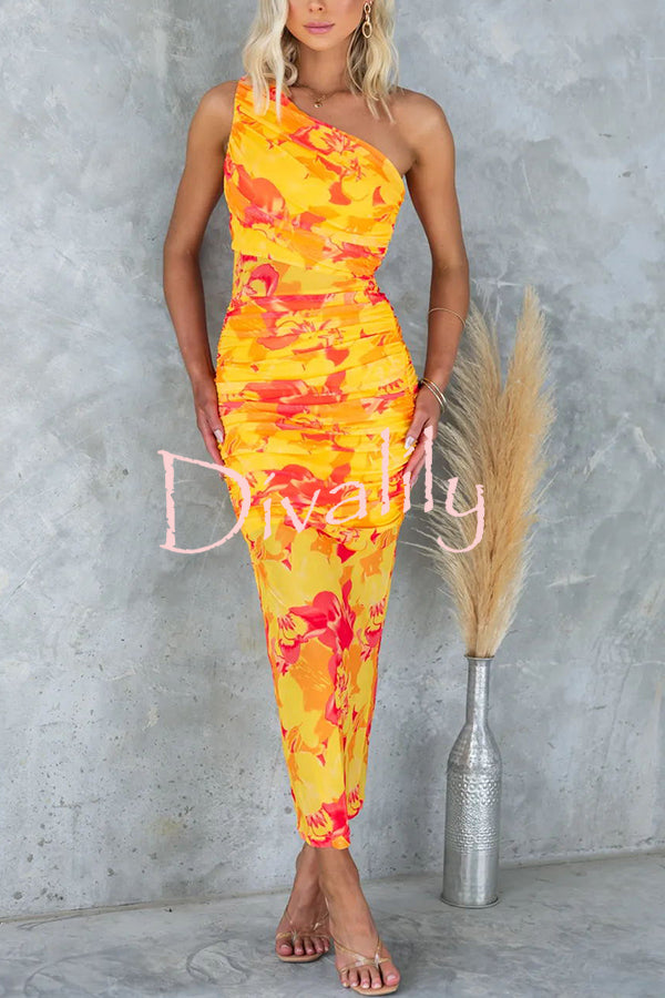 Night Blooms Mesh Overlay Printed One Shoulder Ruched Stretch Maxi Dress