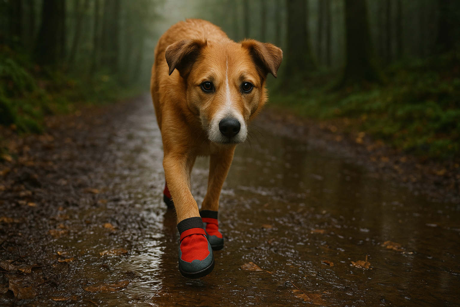 hund i skogen med tofflor på tassarna