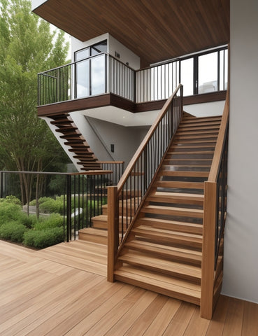 Moderna trappor i trä utomhus till husets balkong