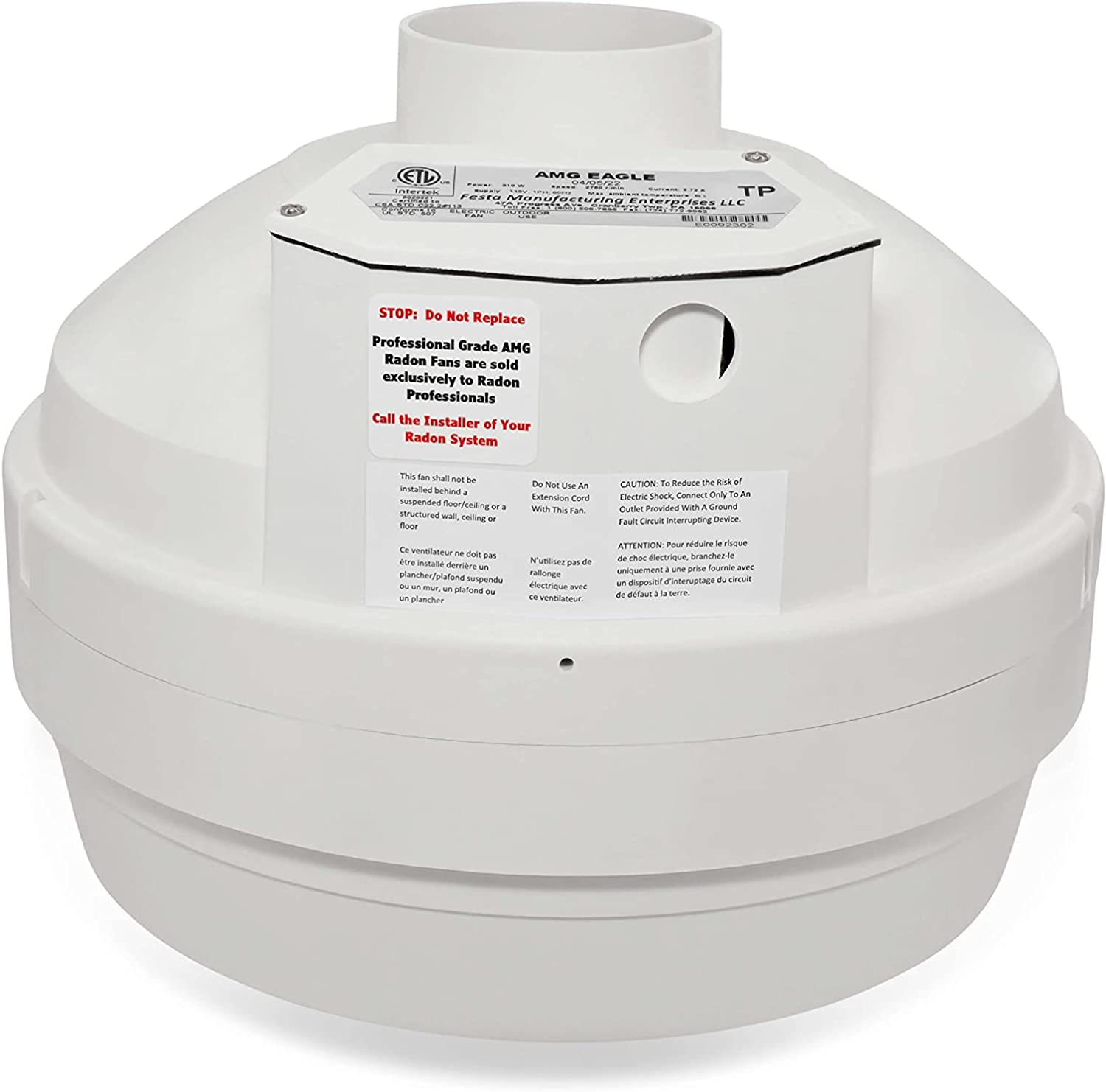 Festa Radon AMG Eagle Radon Fan - Quiet and Energy Efficient 241 CFM Radon Mitigation System Inline Fan - 3" Electric Waterproof Inline Duct Fan - Made with Sturdy Glass Reinforced Poly-Resin – White