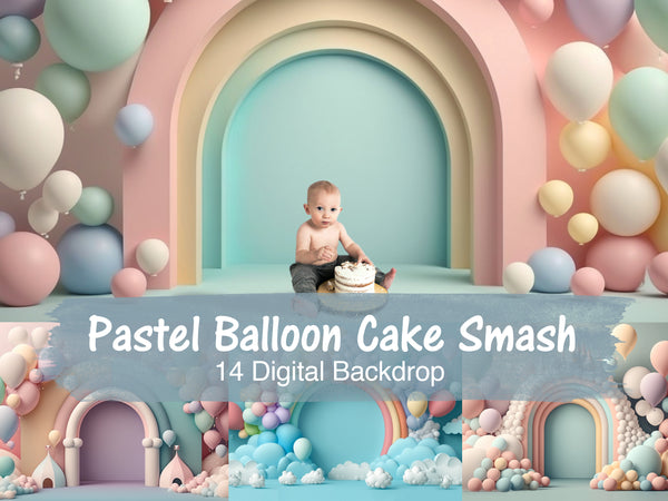 18 Pastel Balloons Digital Backdrops, Rainbow Balloon Arch Backdrop, Cake  Smash, Photoshop Template, Photography Digital Background Overlays 