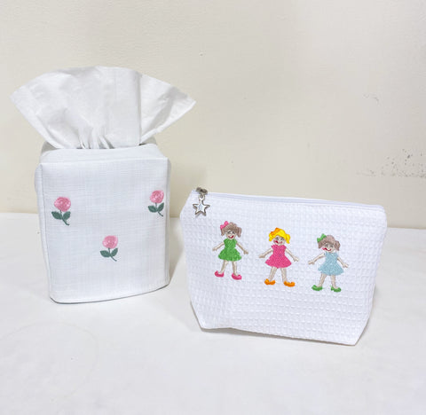 rosebuds tissue box cover and girls in a row cosmetic bag