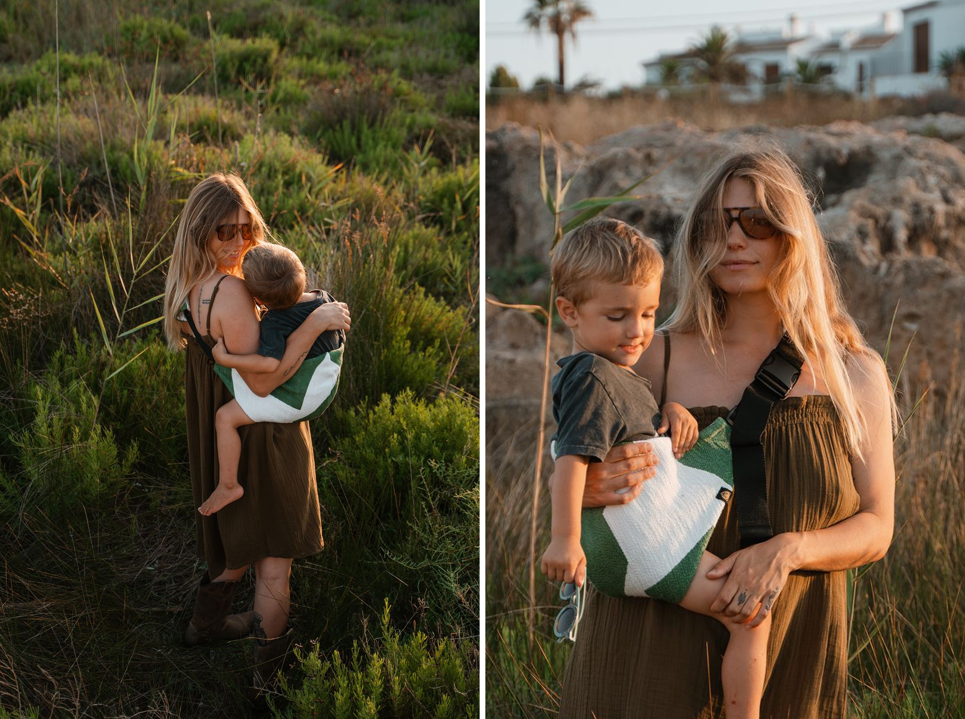 Mother carrying her toddler in a green and white Wildride hip carrier while standing in a natural setting. A lightweight and ergonomic toddler carrier designed for hands-free comfort — ideal for parents seeking the best baby carrier for everyday adventures.