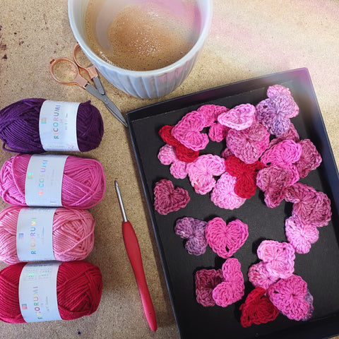 crochet hearts and hot chocolate