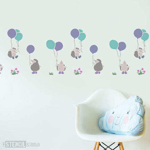 Hedgehogs and Balloons Stencil for your Nursery decor