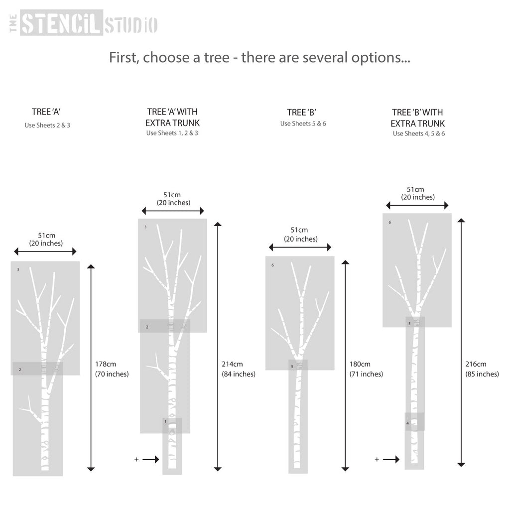 Finished Birch tree sizes are approximate as it really depends on how you use the trunk and small branch stencils