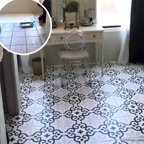 Before and After Stenciled Bathroom Floor