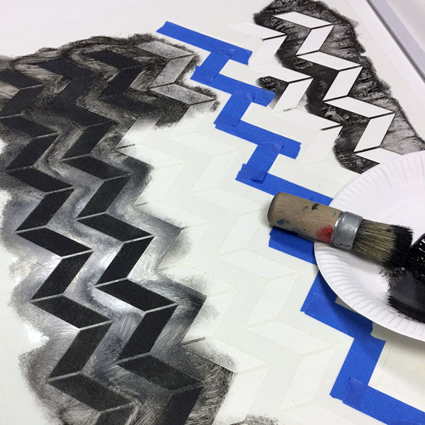 Stencilling a rollwe blind with Chevron stencil from The Stencil Studio